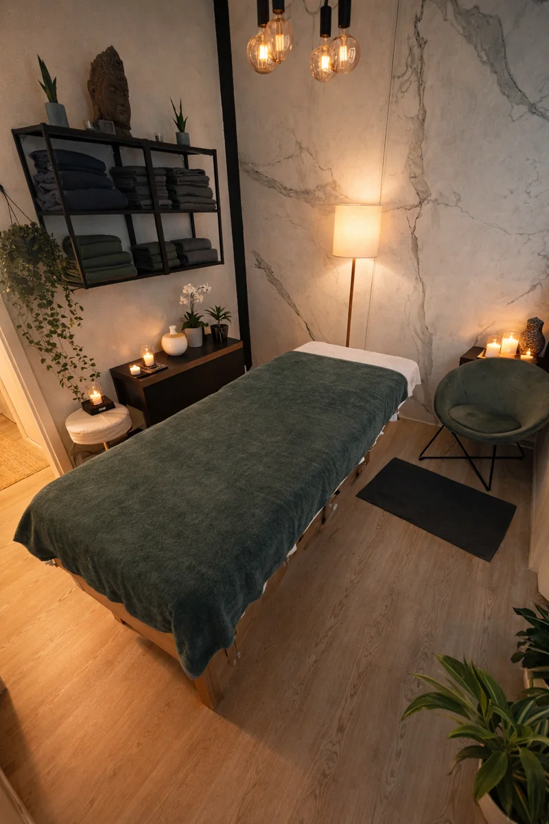 Lo studio con luce calda, candele e il lettino pronto